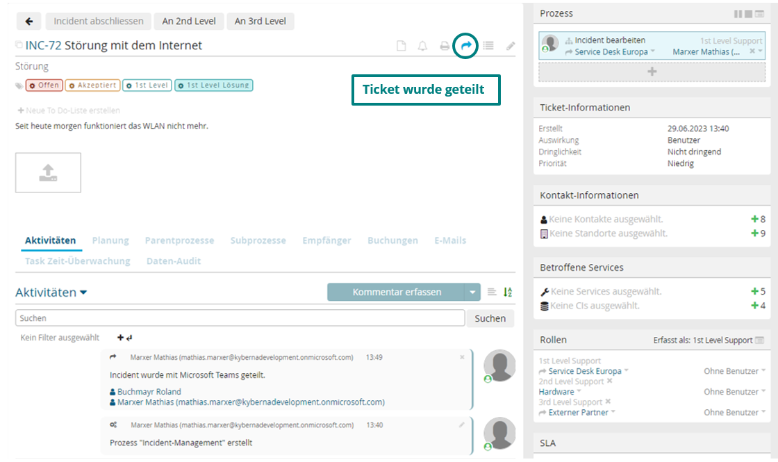 Der blaue Pfeil visualisiert eine bestehende Ticketteilung von ky2help<sup>®</sup> in MS Teams.