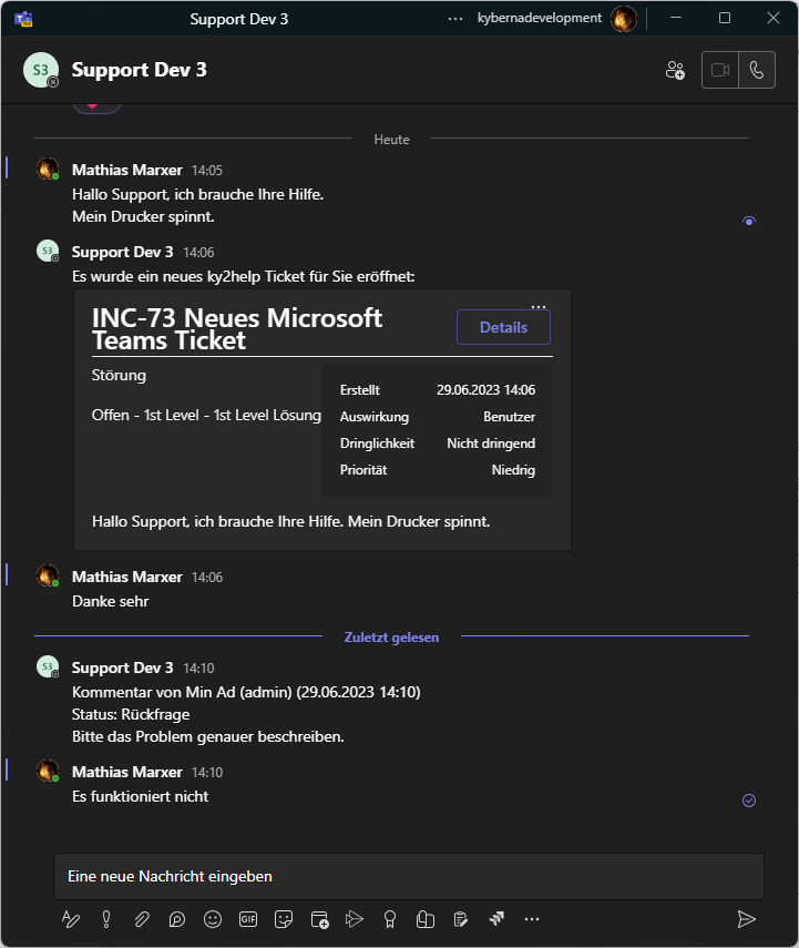 Eine Support-Anfrage über MS Teams Chat erzeugt automatisch ein Ticket in ky2help<sup>®</sup>.