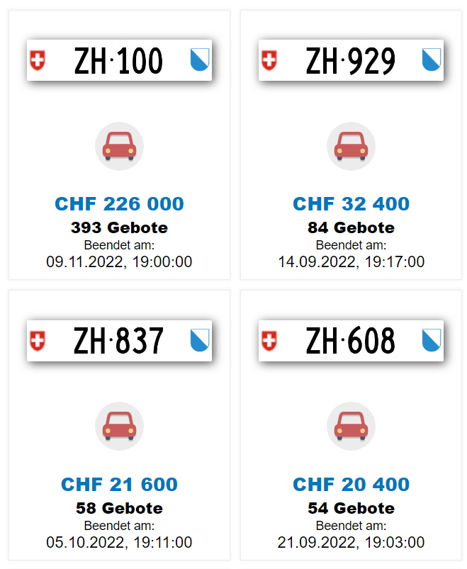 Ausschnitt einiger kürzlich abgeschlossener Auktionen des Kantons Zürich.