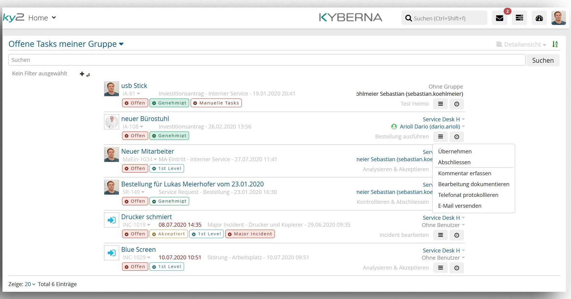 ITSM ky2help - Zentrale Aufgabenliste